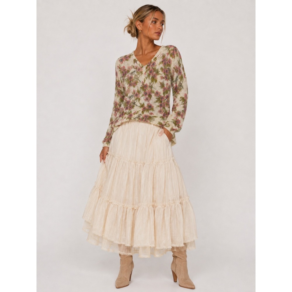 Disney LC Lauren Conrad Snow White Floral Open Knit Sweater Cream Pink V-Neck XS